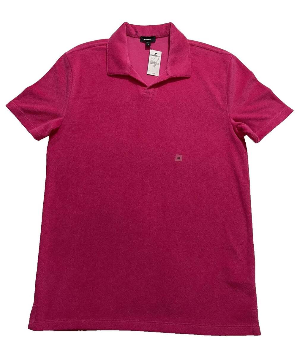 New Express Unisex Women Mens XS Bright Pink Terry Cloth Polo Shirt Cotton Blend